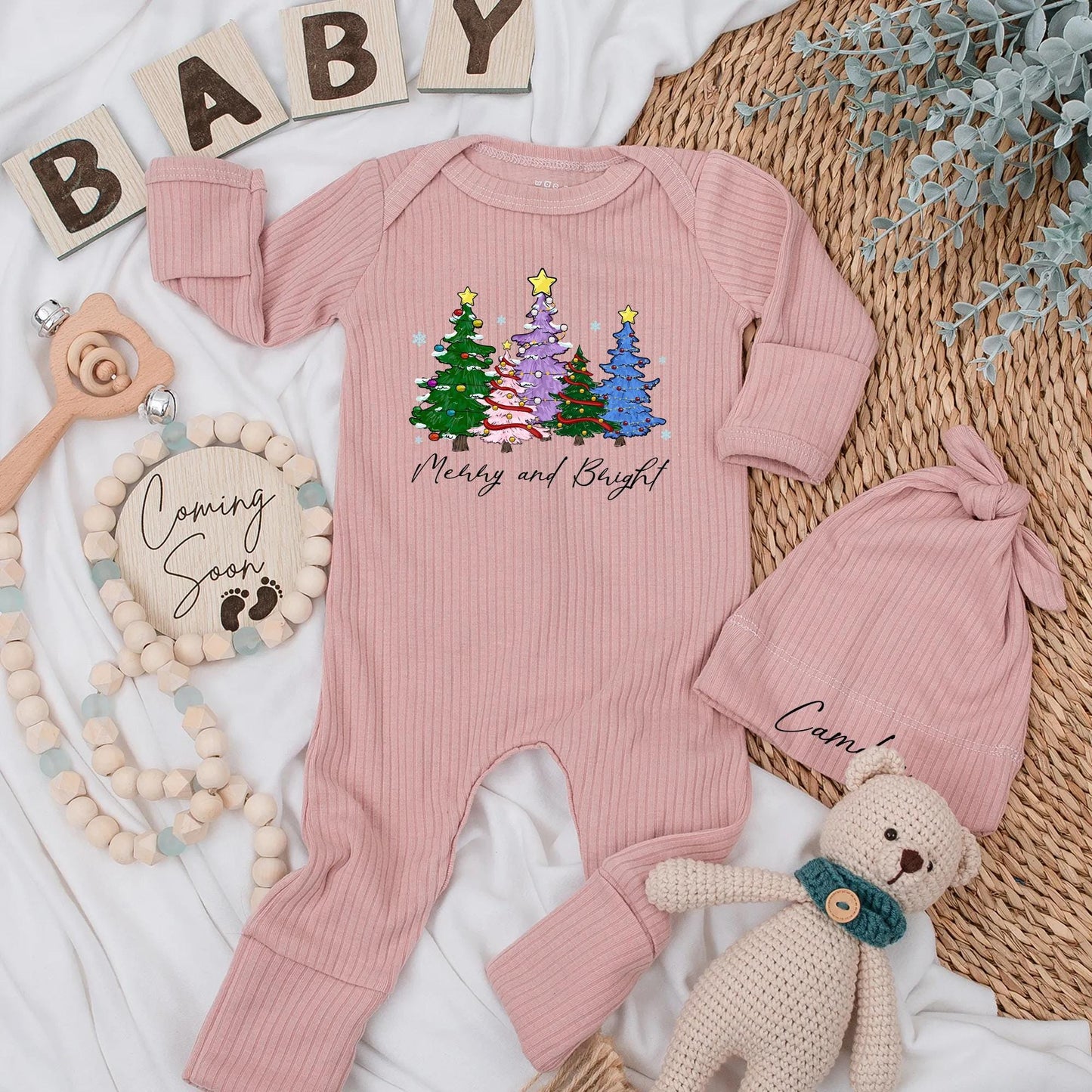 Custom Merry and Bright Christmas Tree Baby Bodysuit colorful green pink purple blue trees yellow stars ornaments newborn gender neutral gift