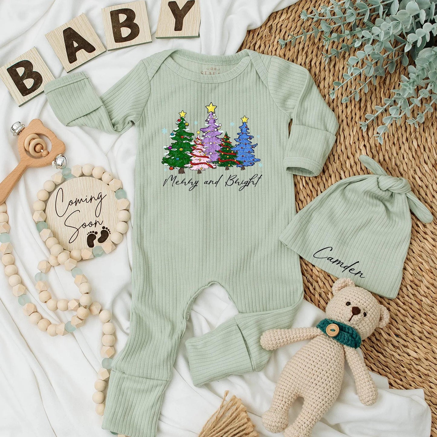 Custom Merry and Bright Christmas Tree Baby Bodysuit colorful green pink purple blue trees yellow stars ornaments newborn gender neutral gift