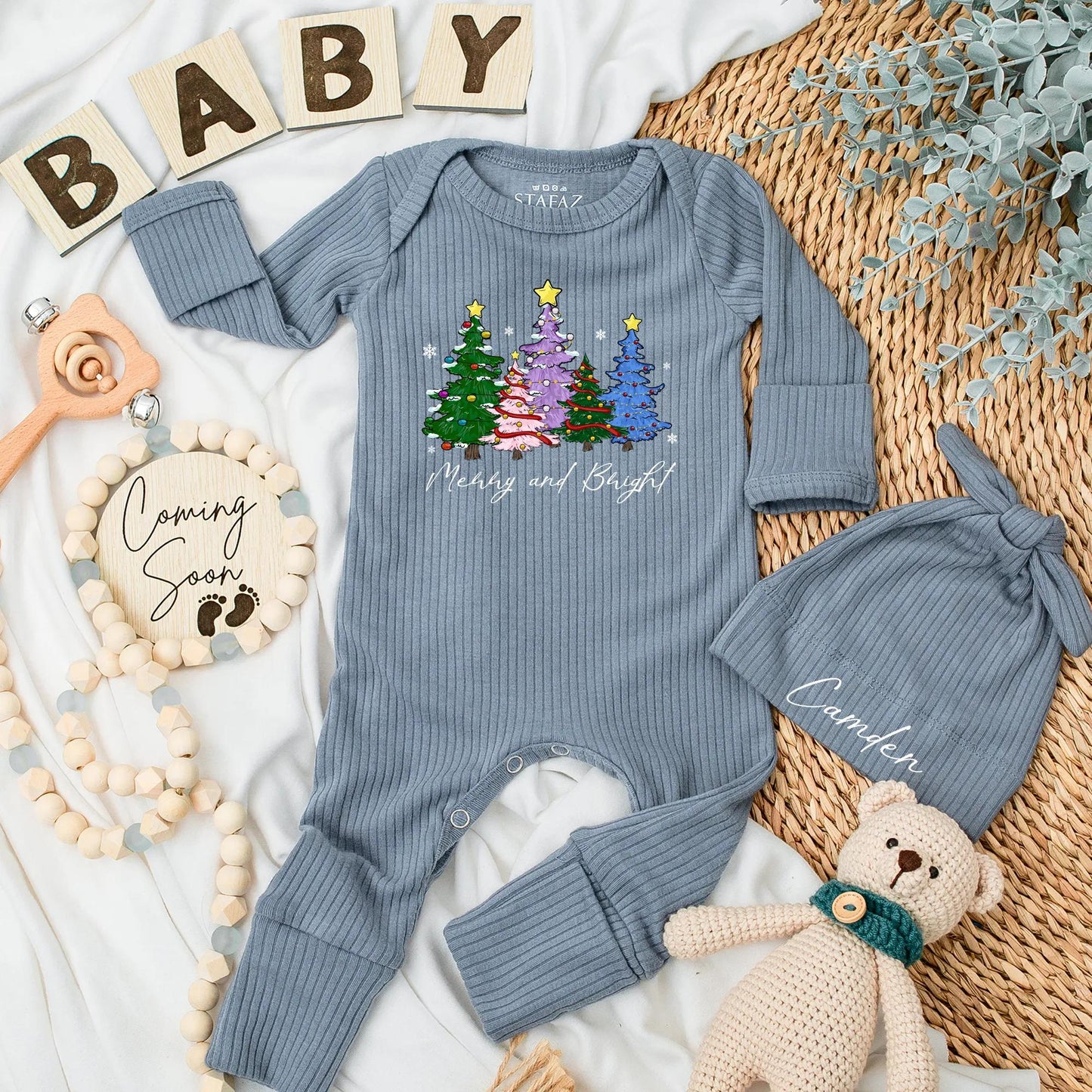 Custom Merry and Bright Christmas Tree Baby Bodysuit colorful green pink purple blue trees yellow stars ornaments newborn gender neutral gift