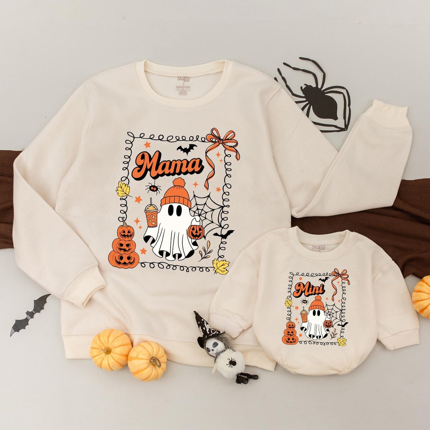 Mama and Mini Retro Halloween Matching Sweatshirts with Whimsical Ghost, Stacked Pumpkins, Bat and Spiderweb Design Vintage Fall Cozy Family Apparel