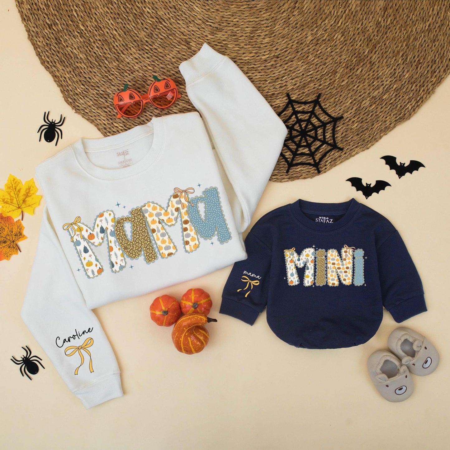 Custom Blue Pumpkin Mama and Mini Matching Fall Sweatshirts with Personalized Script Name and Bow Accents, Thanksgiving Mom and Me Outfits for Toddlers and Babies