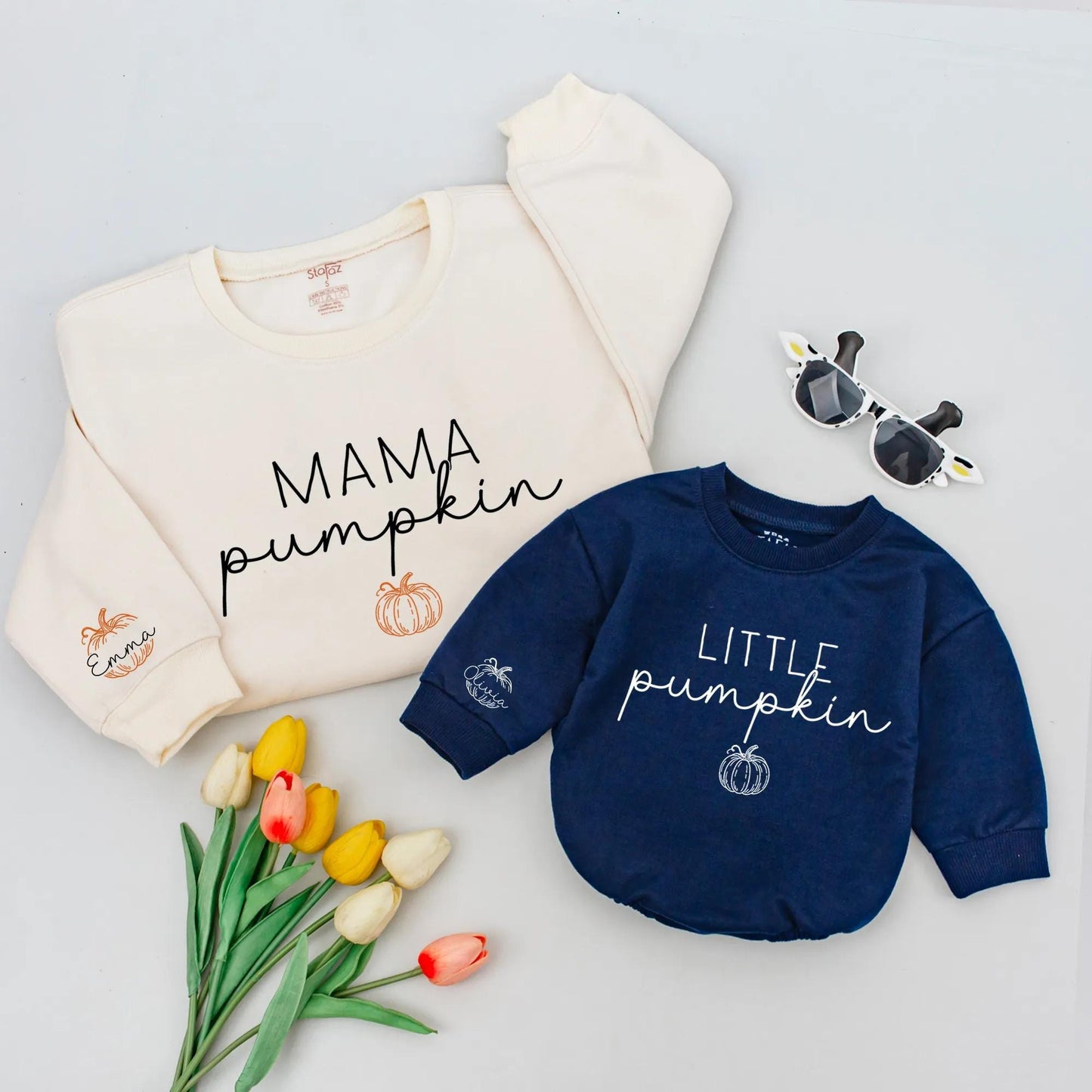 Personalized Little Pumpkin Matching Romper & Sweatshirt, Cute Fall Outfit for Baby & Mama, Thanksgiving Gift Set with Custom Name, Autumn Clothes