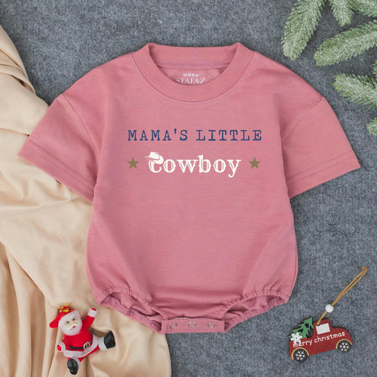 Mama's Little Cowboy Western Bubble Romper with Blue Text Brown Hat Stars Design Mommy's Little Boy Outfit New Mom Mother's Day Bestie Gift