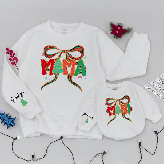 Mama and Mini Christmas Tree Bow Sweatshirt Family Matching Holiday Outfits Custom Evelyn Baby Gift Cozy Xmas