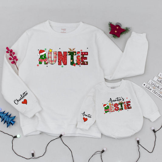 Matching Auntie and Auntie's Bestie Christmas Sweatshirt Cozy Holiday Outfits for Family Festive Winter Gifts with Plaid Holly Reindeer Tree Designs
