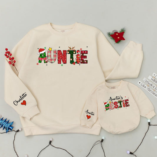 Matching Auntie and Auntie's Bestie Christmas Sweatshirt Cozy Holiday Outfits for Family Festive Winter Gifts with Plaid Holly Reindeer Tree Designs