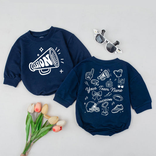 Custom Team Name Football Romper, Touchdown Season Baby Outfit, Personalized Sport Bodysuit with Doodle Art, Game Day Clothes, Unique Baby Gift 138 chars