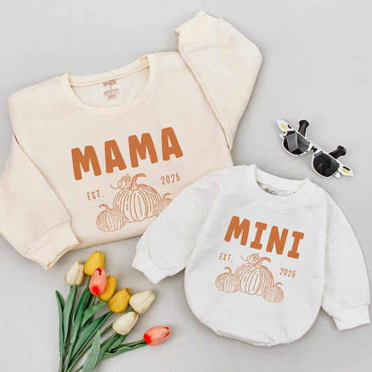 Mama & Mini Pumpkin Patch Birthday Matching Sweatshirts: First Birthday Outfit EST 2025, Fall Family Thanksgiving Celebration, Mommy and Me Romper Set