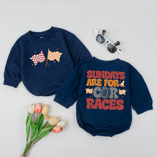 Sundays Are For Car Races Bubble Romper retro racing baby outfit checkered flags stars vintage style car wheel graphic bodysuit orange rust red gray sport theme baby shower gift