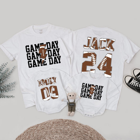 Matching Football Game Day Shirts, Personalized Custom Name & Number Family Outfit, Brown Football Texture Design, Touchdown Season Sports Tee