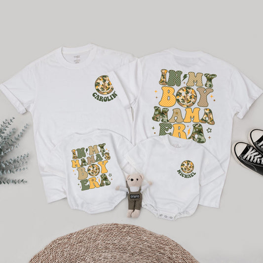 Matching In My Boy Mama Era Family Shirts & Baby Boy Romper Custom Mommy and Me Outfits, Retro Design, Gift for Mom & Son