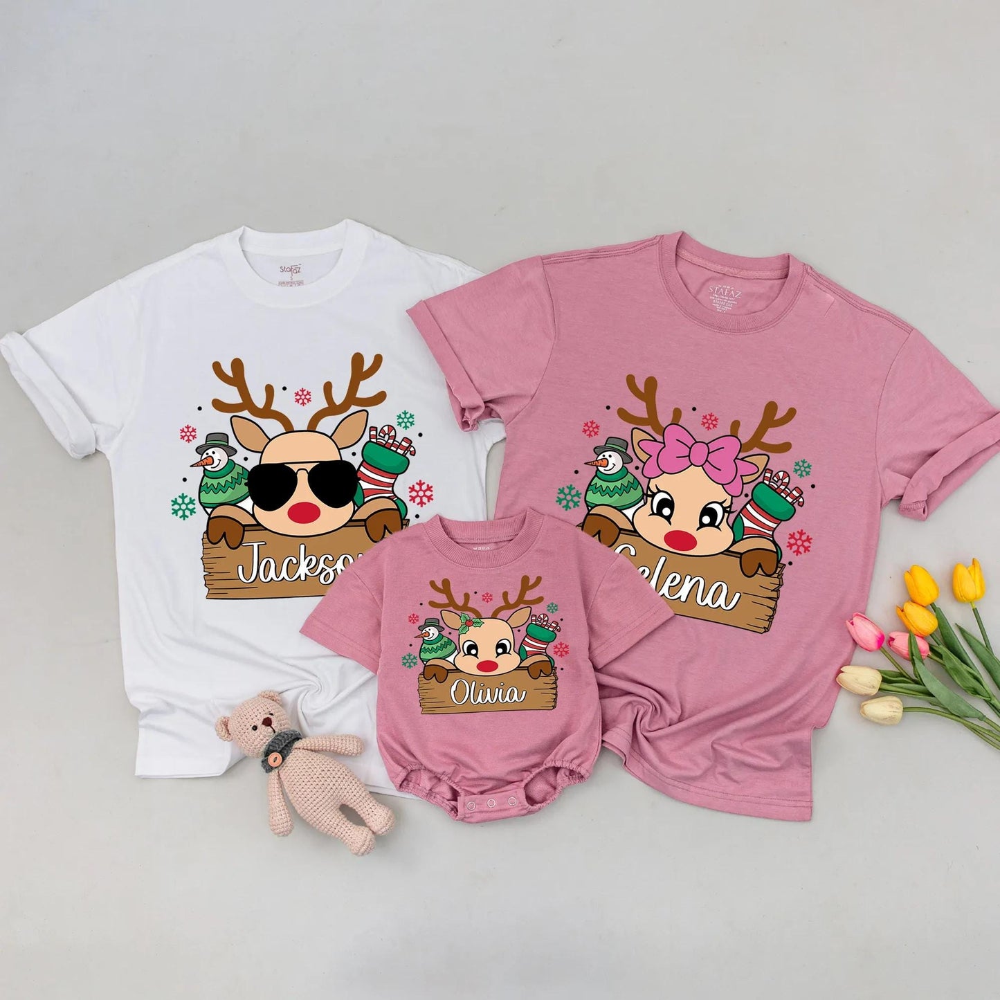 Personalized Cute Reindeer Family Christmas Shirt with Custom Name, Festive Snowman and Candy Stocking Holiday Tee with Red Green Snowflakes