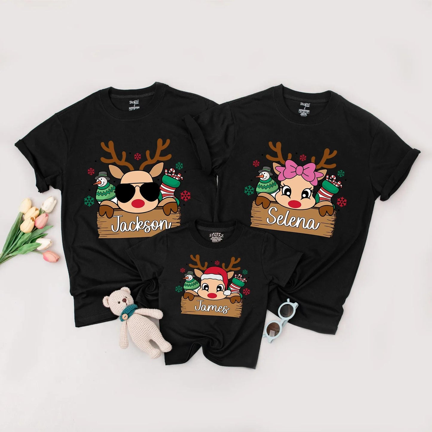 Personalized Cute Reindeer Family Christmas Shirt with Custom Name, Festive Snowman and Candy Stocking Holiday Tee with Red Green Snowflakes