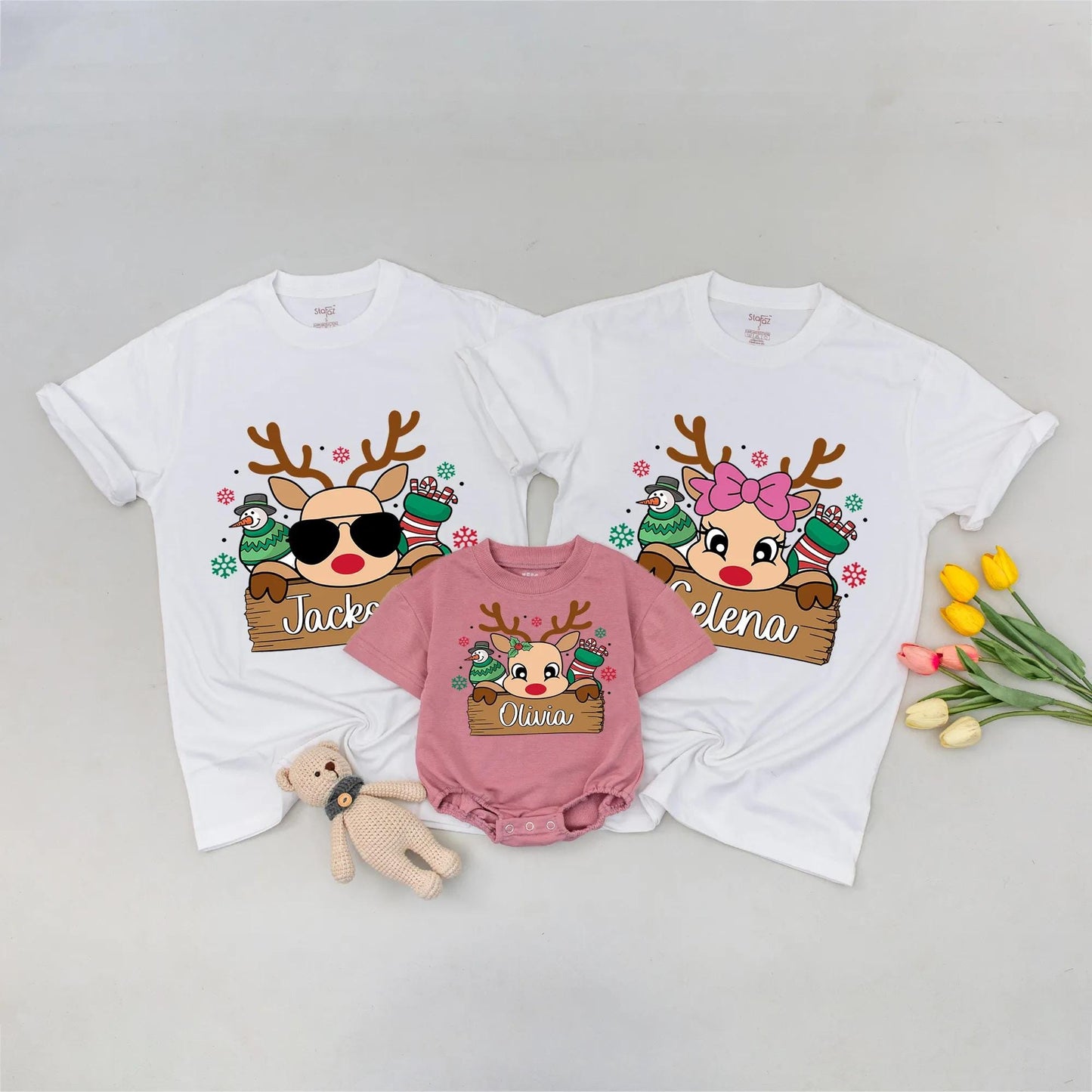 Personalized Cute Reindeer Family Christmas Shirt with Custom Name, Festive Snowman and Candy Stocking Holiday Tee with Red Green Snowflakes