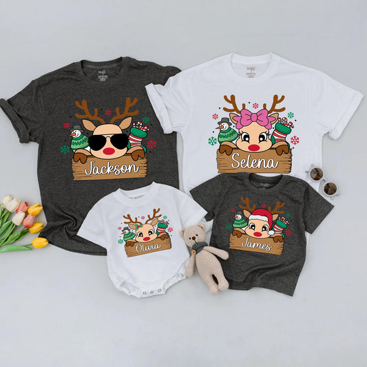 Personalized Cute Reindeer Family Christmas Shirt with Custom Name, Festive Snowman and Candy Stocking Holiday Tee with Red Green Snowflakes