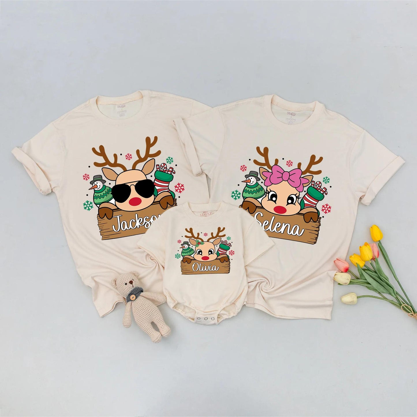 Personalized Cute Reindeer Family Christmas Shirt with Custom Name, Festive Snowman and Candy Stocking Holiday Tee with Red Green Snowflakes