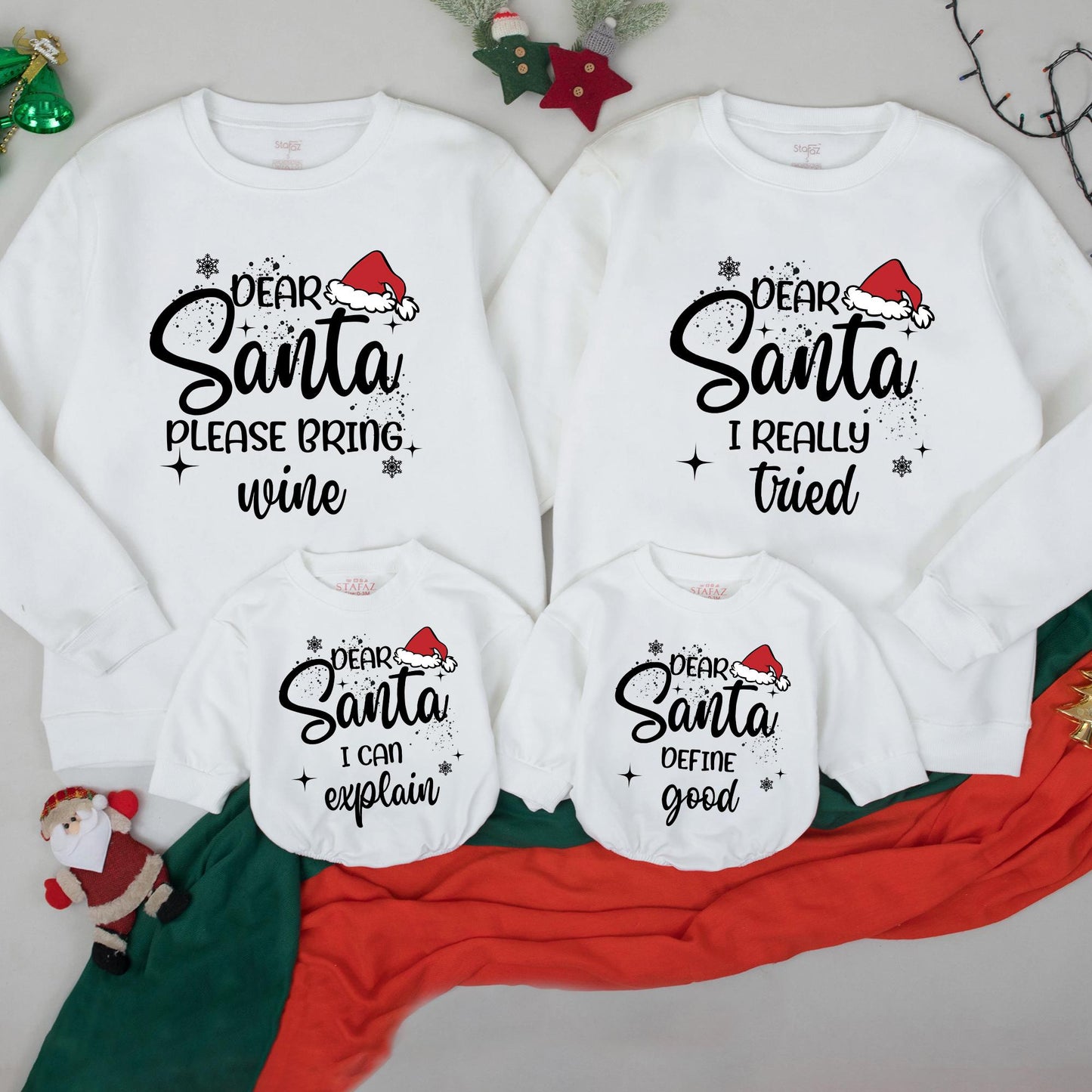 Funny Matching Family Dear Santa Christmas Sweatshirts with playful holiday quotes and festive Santa hat designs for cozy gatherings
