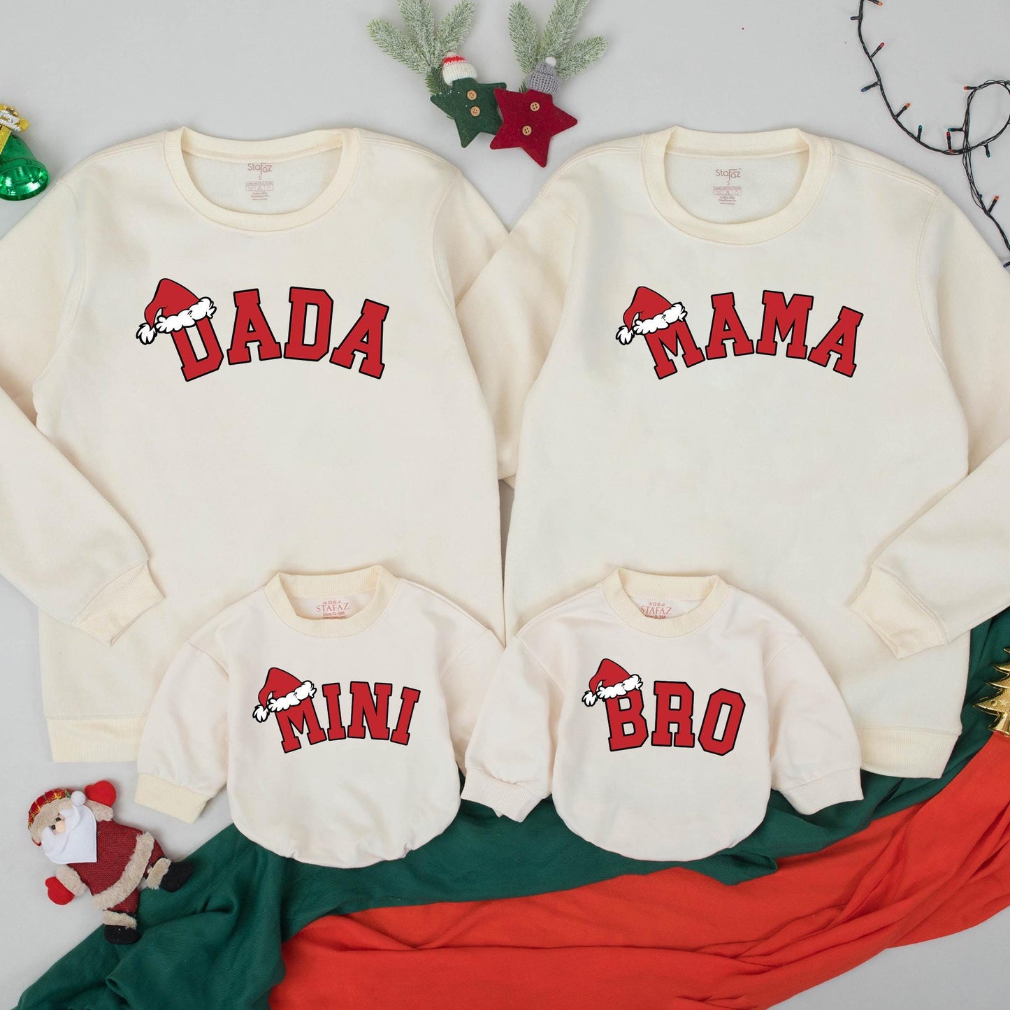 Festive Matching Family Christmas Sweatshirts featuring Dada Mama Mini Bro Santa Hat Designs Holiday Pajama Tops for Kids Baby Adults Cozy