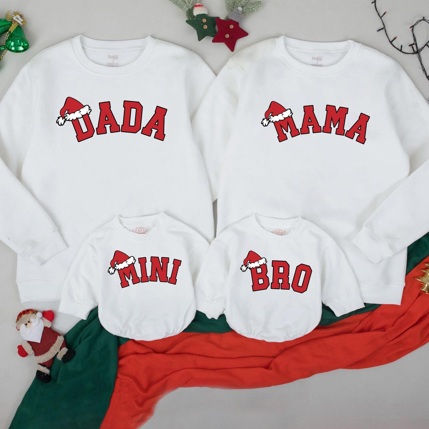 Festive Matching Family Christmas Sweatshirts featuring Dada Mama Mini Bro Santa Hat Designs Holiday Pajama Tops for Kids Baby Adults Cozy