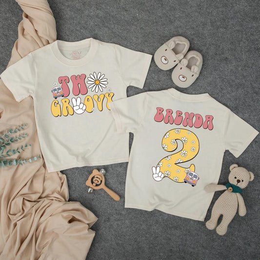 Two Groovy 2nd Birthday Girl T-Shirt, Personalized Daisy Retro Outfit, Custom Name, Vintage Vans Peace Signs, Summer Toddler Tee (138 chars)