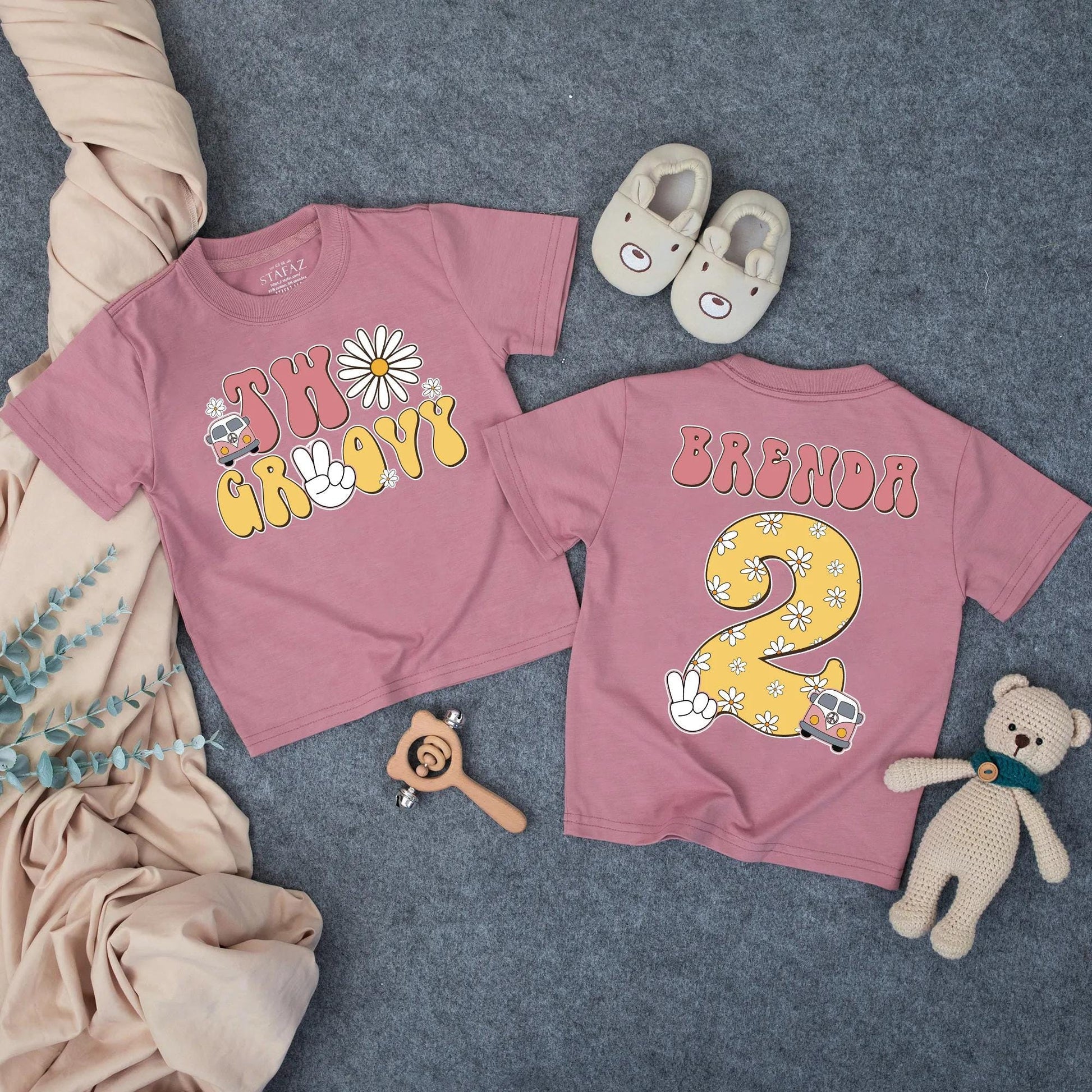 Two Groovy 2nd Birthday Girl T-Shirt, Personalized Daisy Retro Outfit, Custom Name, Vintage Vans Peace Signs, Summer Toddler Tee (138 chars)