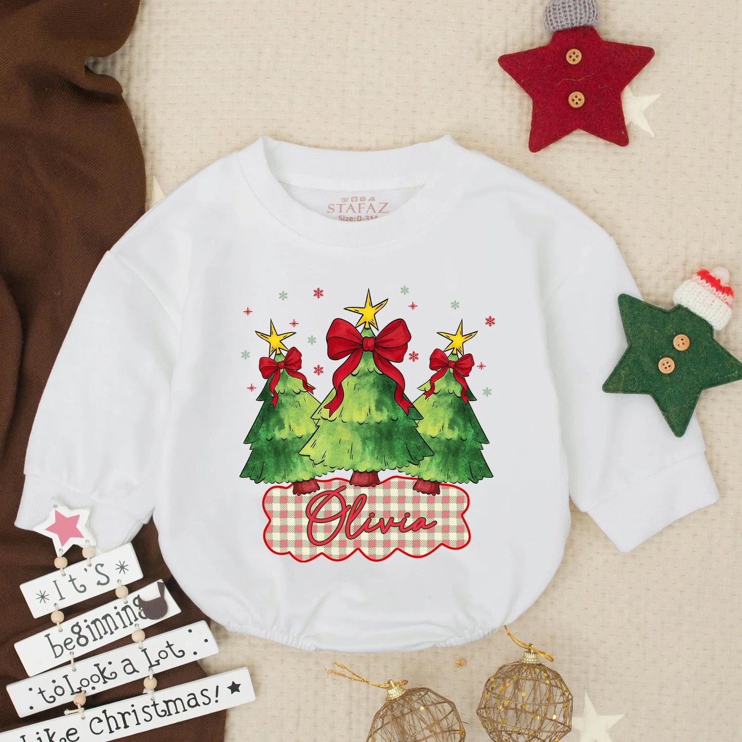 Olivia's First Christmas Romper Baby Girl Outfit, Holiday Tree Design, Custom Name Toddler Christmas Clothes, Festive Winter Baby Gift
