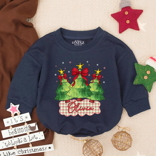 Olivia's First Christmas Romper Baby Girl Outfit, Holiday Tree Design, Custom Name Toddler Christmas Clothes, Festive Winter Baby Gift
