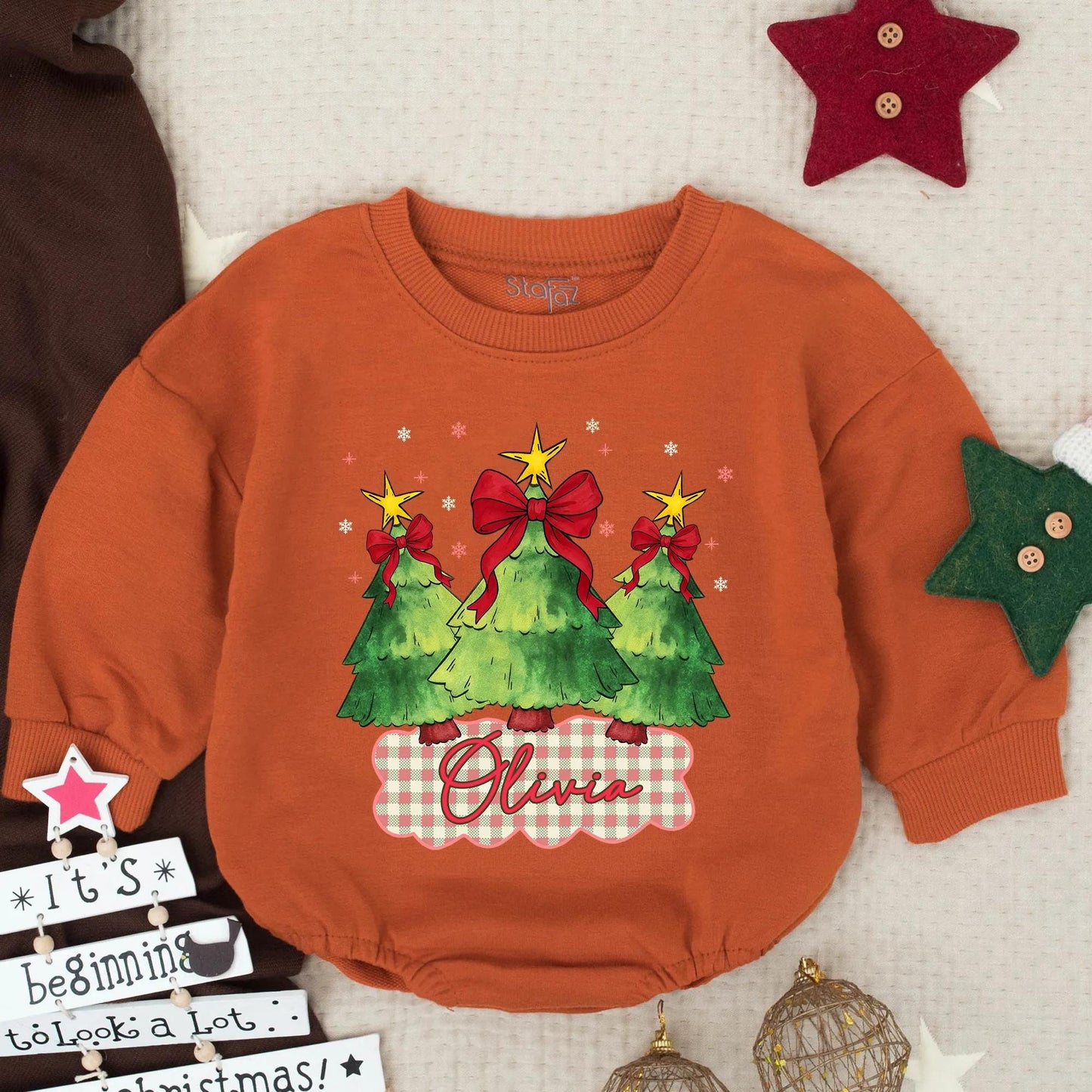 Olivia's First Christmas Romper Baby Girl Outfit, Holiday Tree Design, Custom Name Toddler Christmas Clothes, Festive Winter Baby Gift
