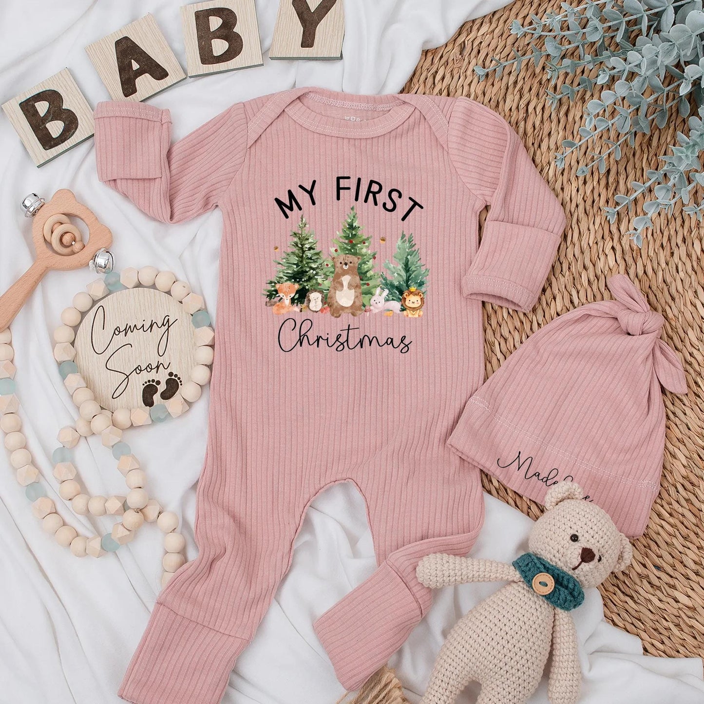 My First Christmas Baby Bodysuit with Cute Animal & Christmas Tree Design, Newborn Xmas Gift, Custom Name Option, Baby Shower Present