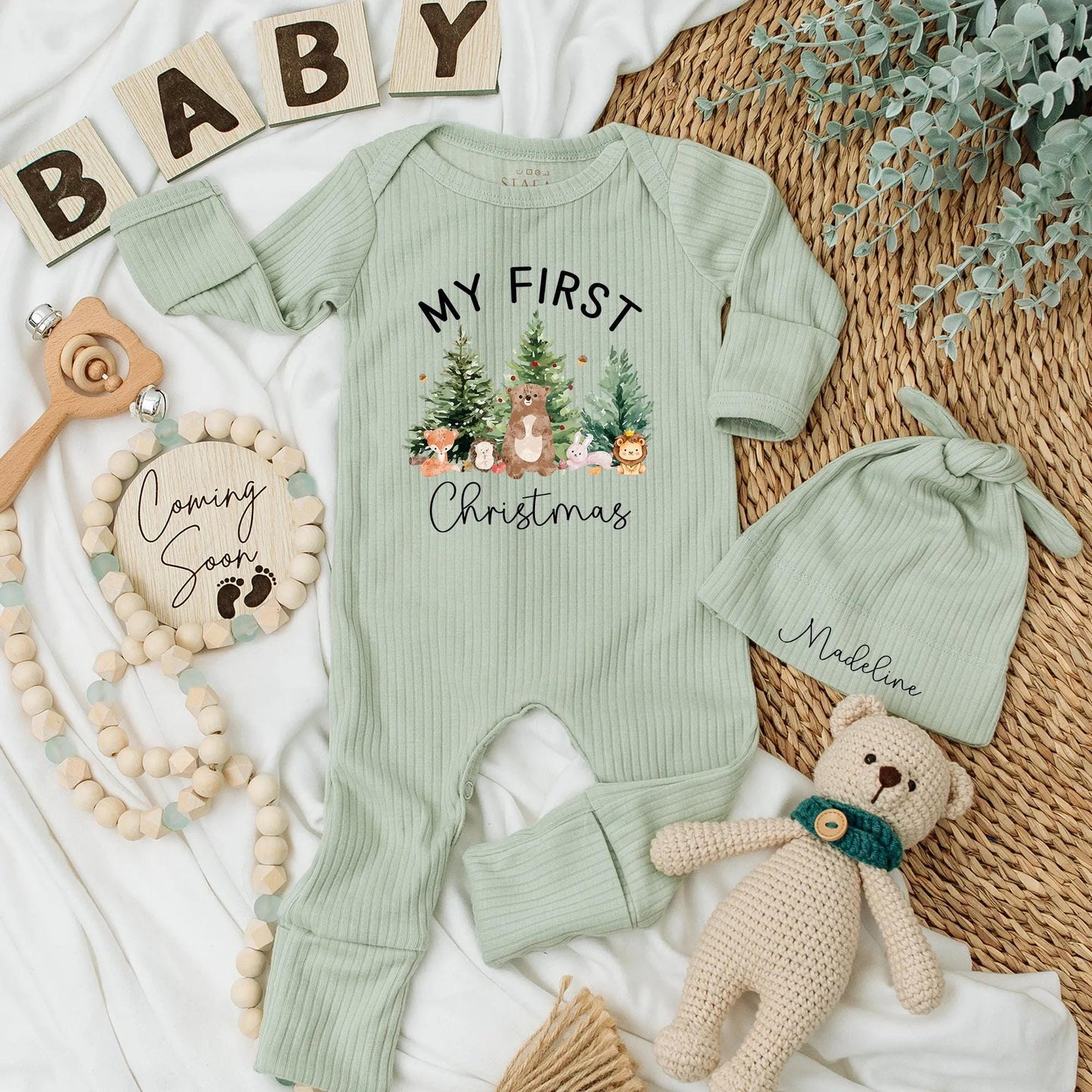 My First Christmas Baby Bodysuit with Cute Animal & Christmas Tree Design, Newborn Xmas Gift, Custom Name Option, Baby Shower Present