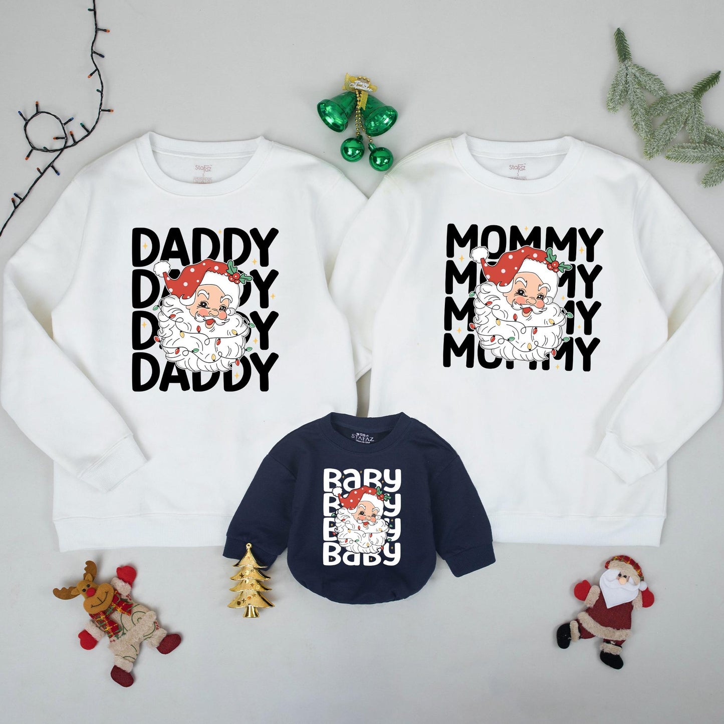 Custom Retro Santa Family Christmas Sweatshirt Matching Outfits Mommy Daddy Baby Xmas Holiday Gift