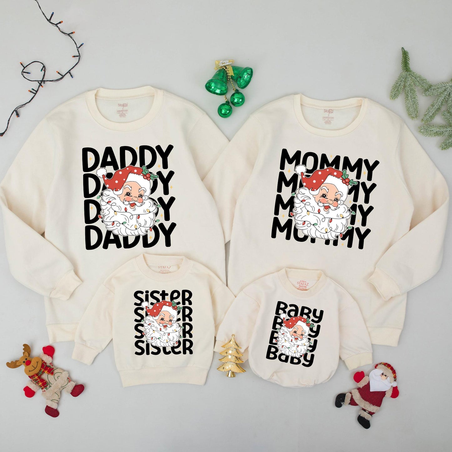 Custom Retro Santa Family Christmas Sweatshirt Matching Outfits Mommy Daddy Baby Xmas Holiday Gift