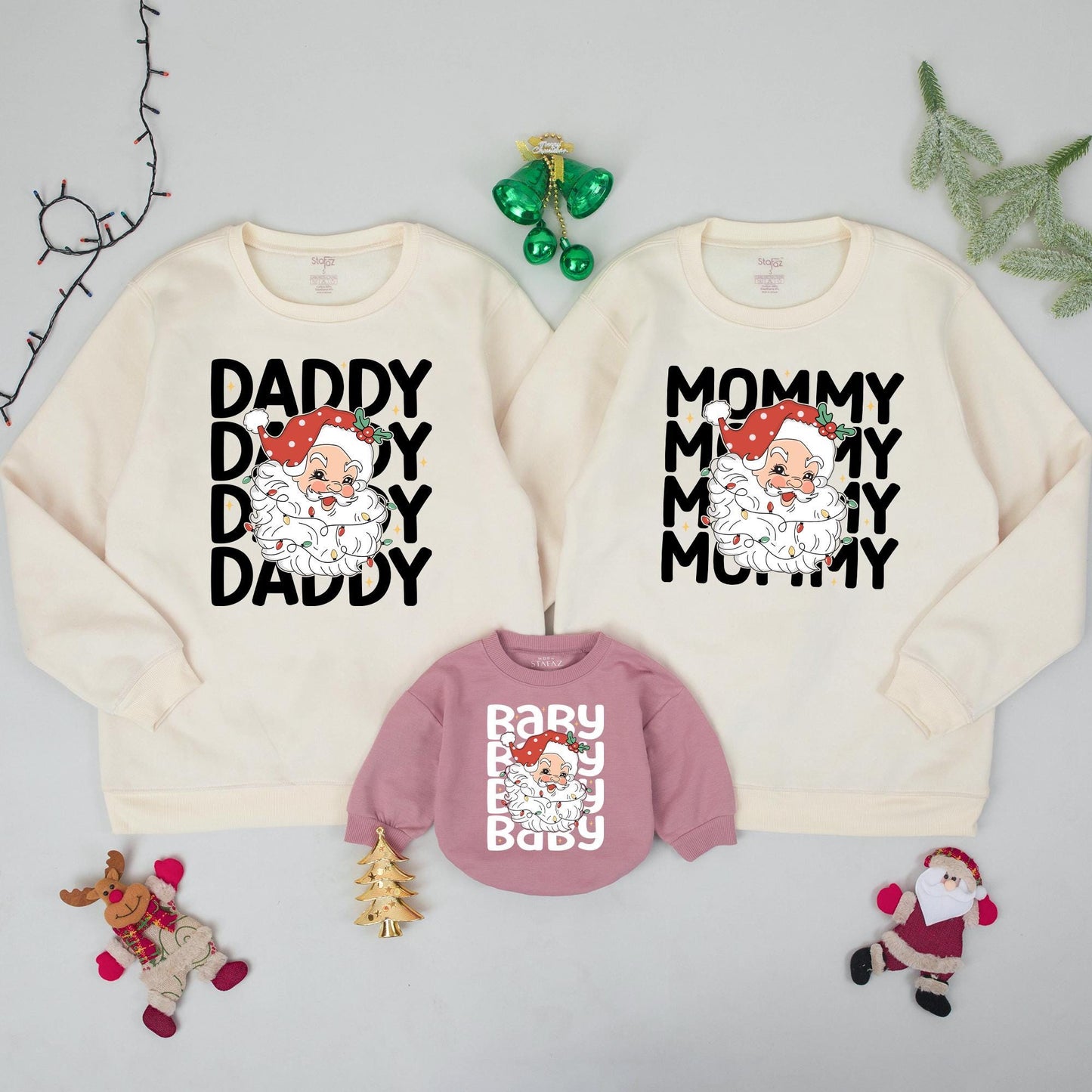 Custom Retro Santa Family Christmas Sweatshirt Matching Outfits Mommy Daddy Baby Xmas Holiday Gift