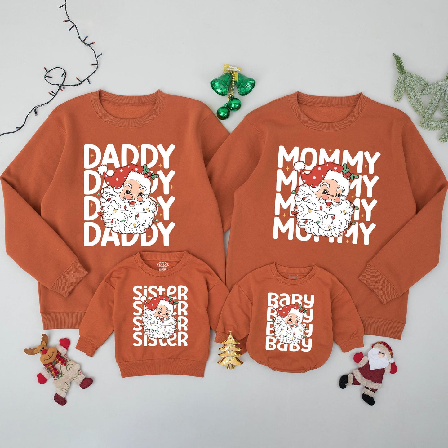 Custom Retro Santa Family Christmas Sweatshirt Matching Outfits Mommy Daddy Baby Xmas Holiday Gift