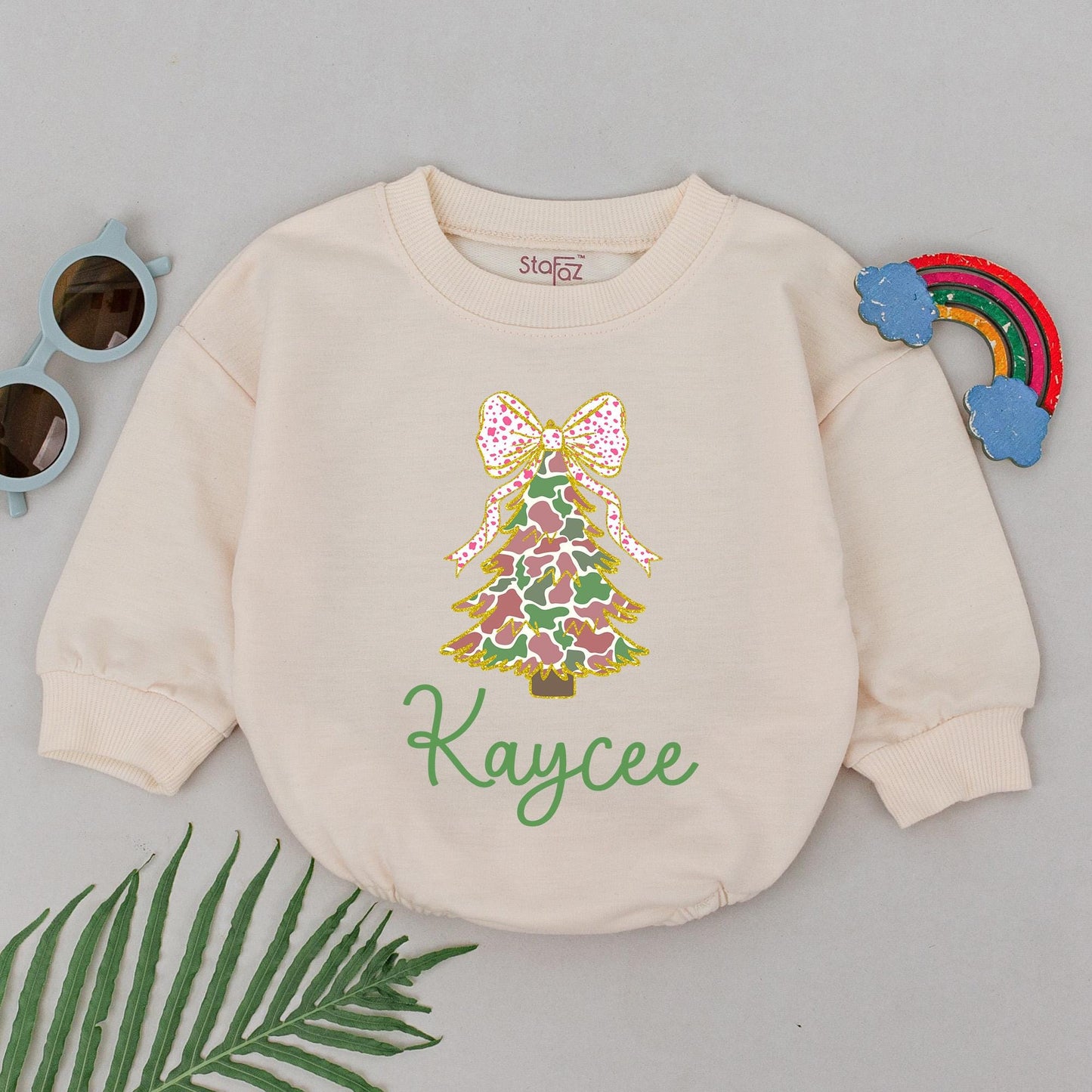 Personalized Baby Girl Camo Christmas Tree Romper Pink Polka Dot Bow First Christmas Newborn Outfit Festive Holiday Gift