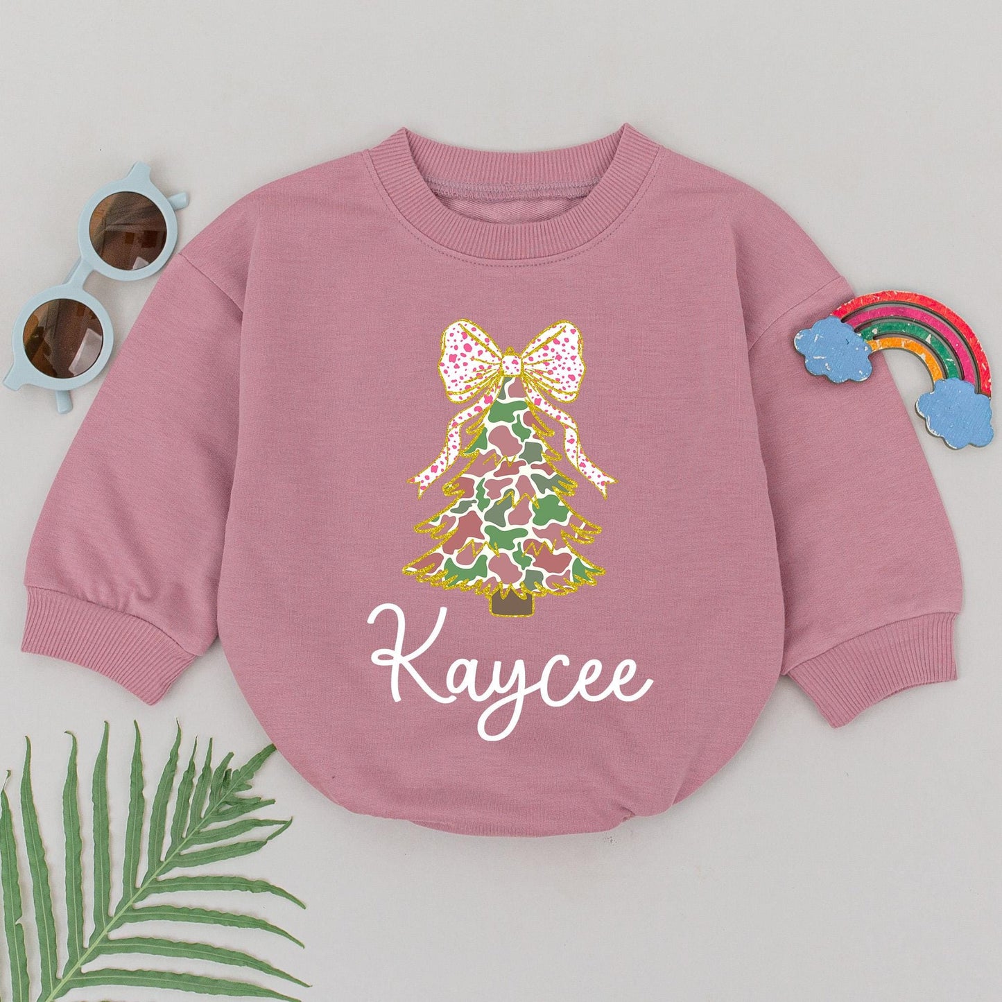 Personalized Baby Girl Camo Christmas Tree Romper Pink Polka Dot Bow First Christmas Newborn Outfit Festive Holiday Gift