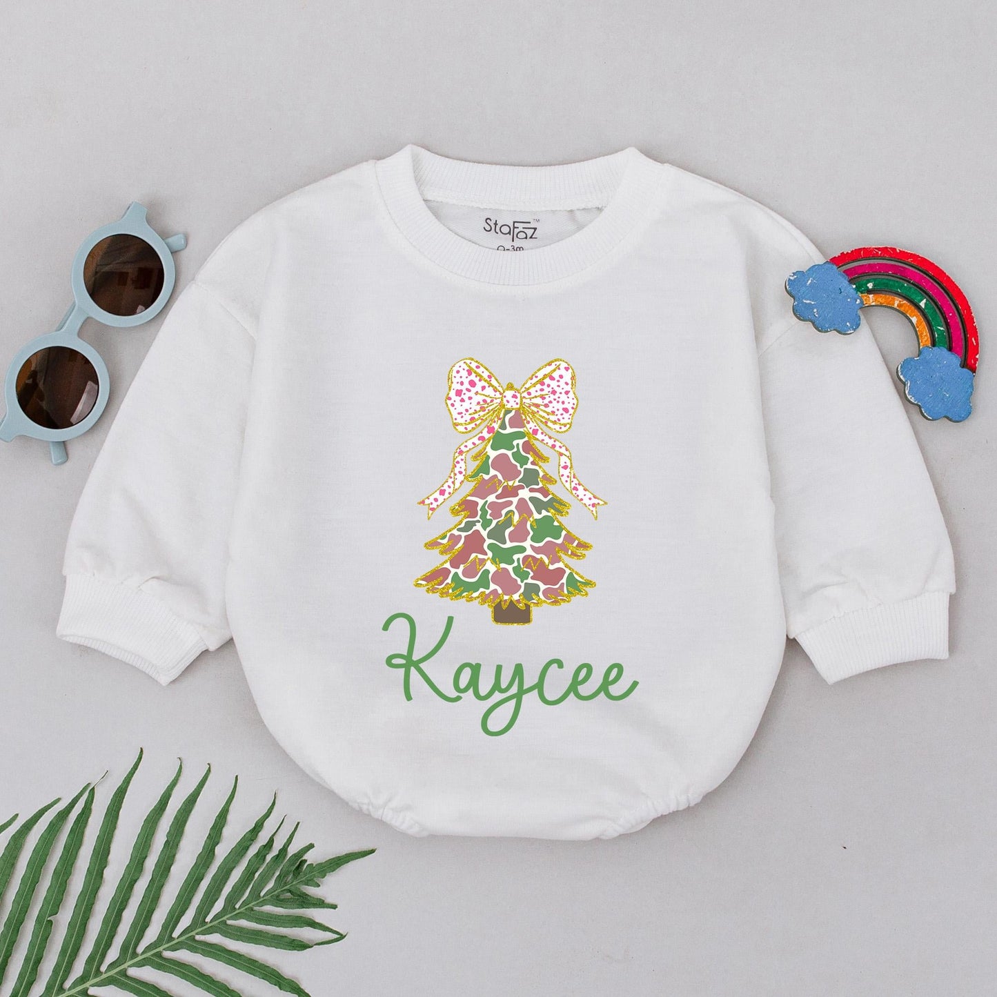 Personalized Baby Girl Camo Christmas Tree Romper Pink Polka Dot Bow First Christmas Newborn Outfit Festive Holiday Gift