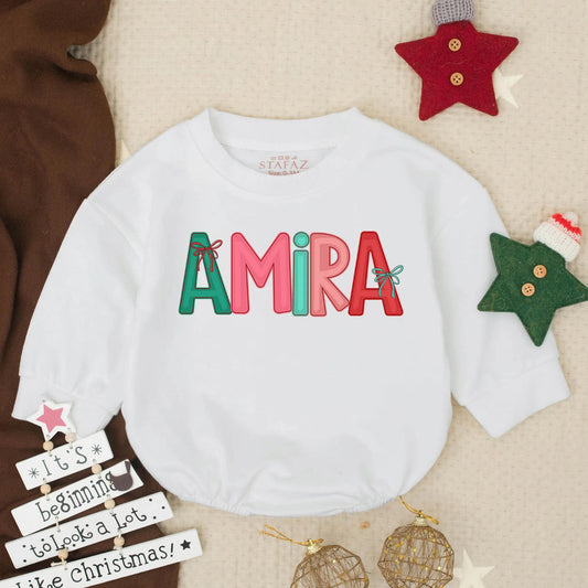 Personalized Amira Christmas Romper: Festive First Christmas Outfit for Baby Girl, Custom Name Winter Holiday Infant Clothes with Red Bows (139 chars)