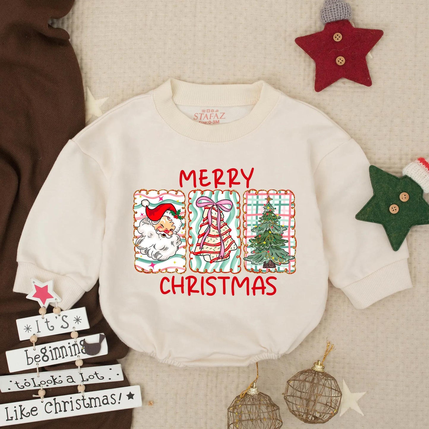 Merry Christmas Candy Cane Bow Bubble Romper First Christmas Baby Toddler Outfit featuring Pine Tree design, a sweet Winter Holiday Infant Newborn Gift
