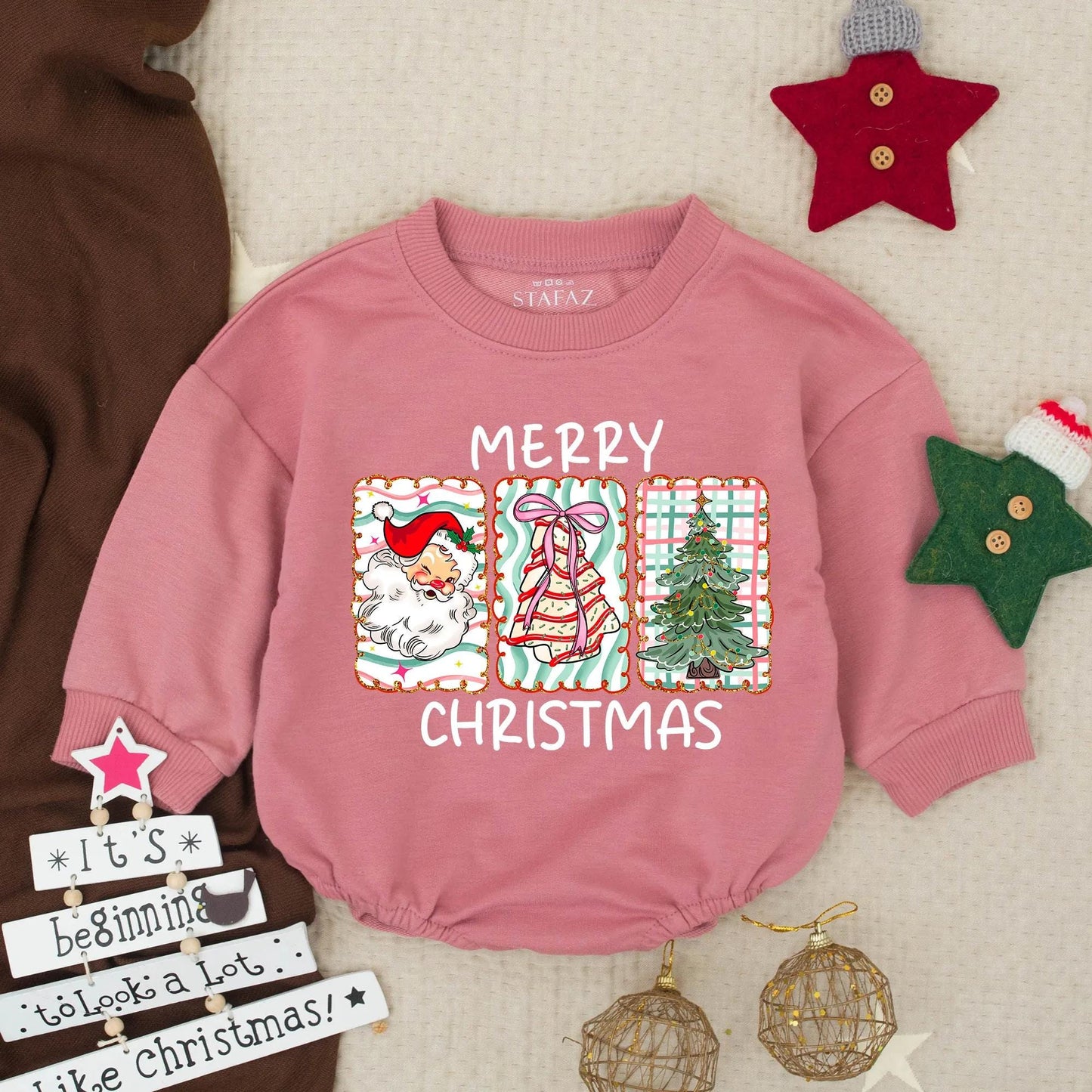 Merry Christmas Candy Cane Bow Bubble Romper First Christmas Baby Toddler Outfit featuring Pine Tree design, a sweet Winter Holiday Infant Newborn Gift