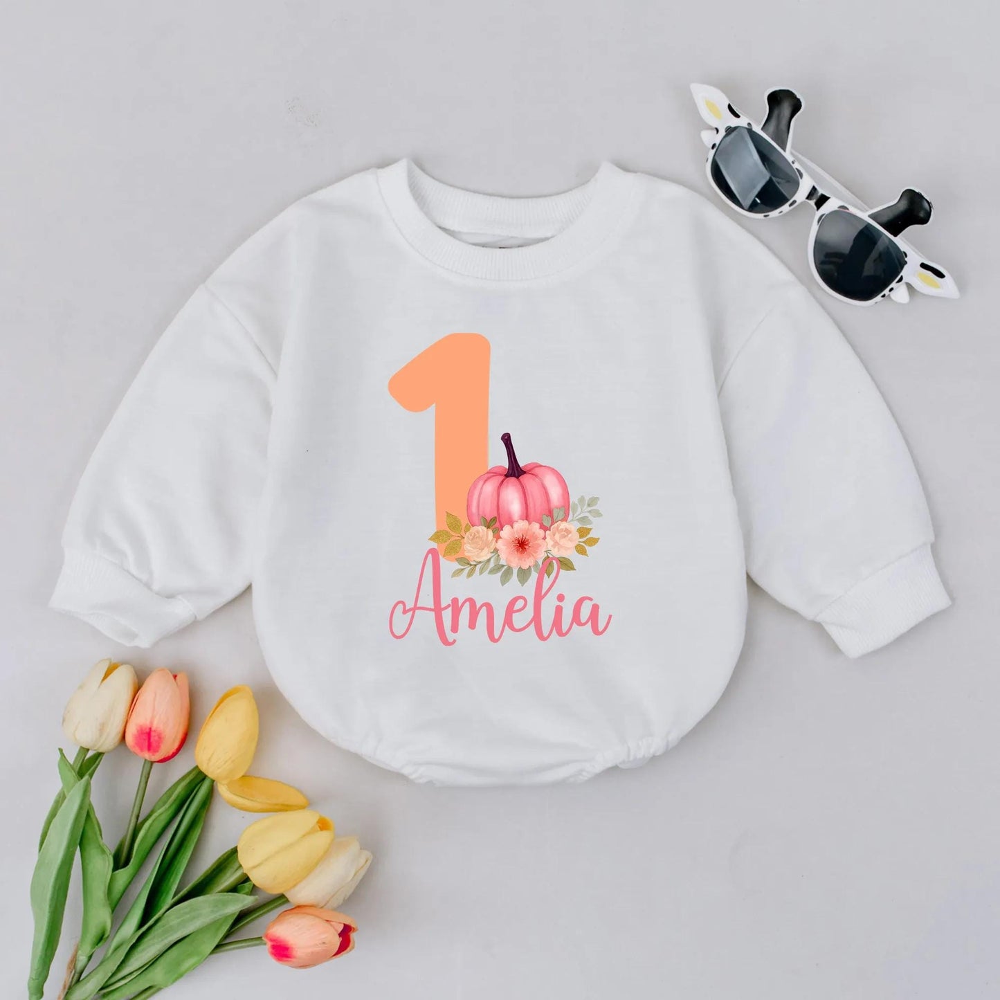 Amelia's Sweet 1st Birthday Pumpkin Romper with Pastel Flowers Baby Girl Outfit Burnt Orange Cute