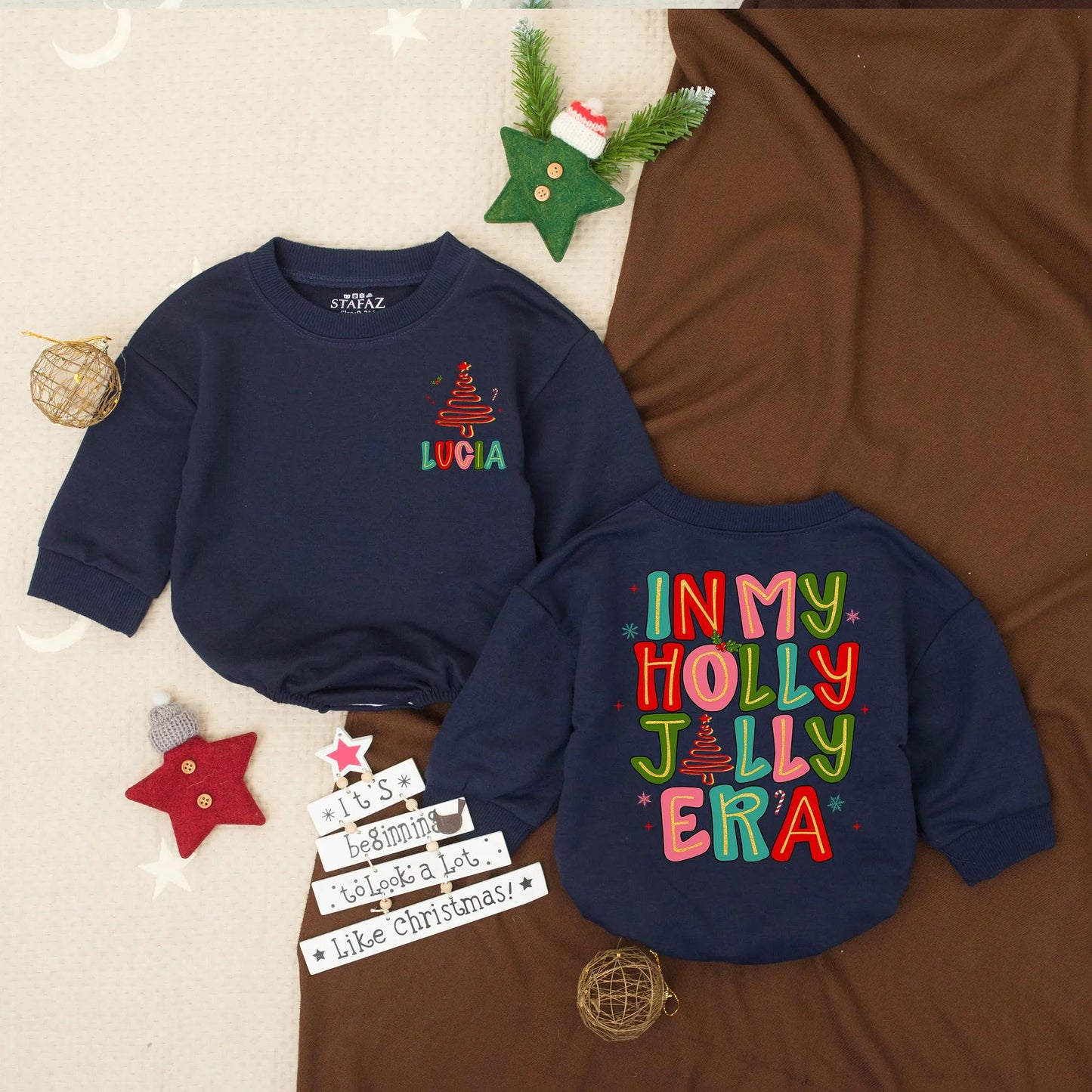 In My Holly Jolly Era Bubble Romper Personalized First Christmas Outfit for Girl Infant Santa Clothes Toddler Winter Gift with Cartoon Tree