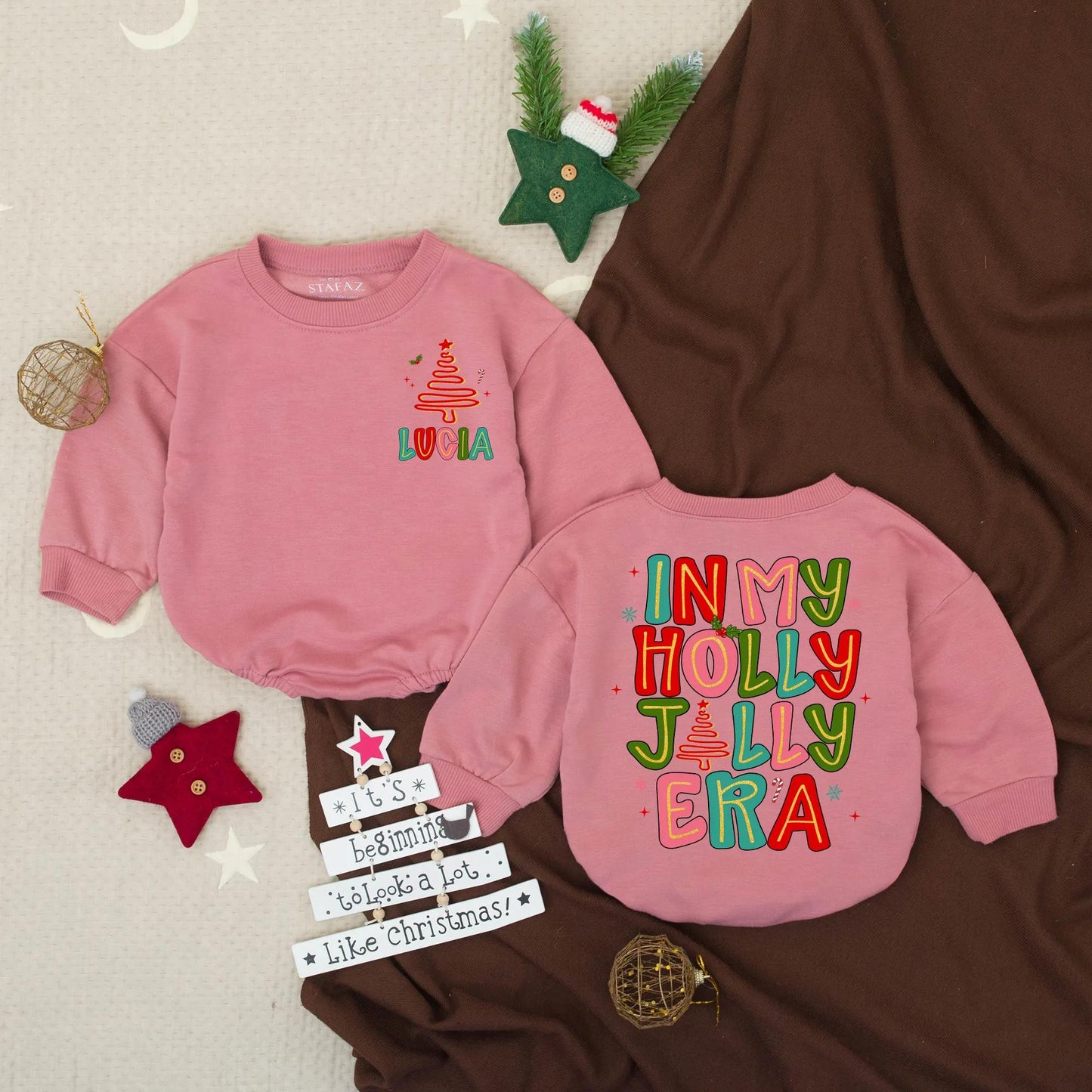 In My Holly Jolly Era Bubble Romper Personalized First Christmas Outfit for Girl Infant Santa Clothes Toddler Winter Gift with Cartoon Tree
