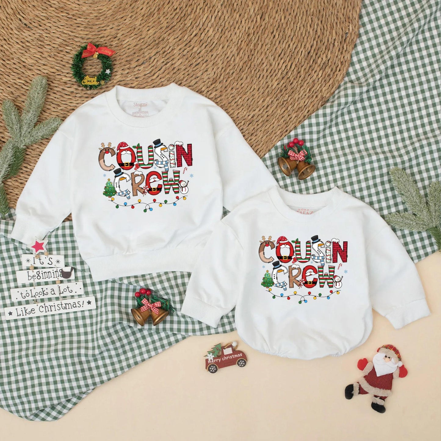 Christmas Cousin Crew Romper Sweatshirt, Matching Holiday Outfit for Baby, Toddler, Kids Xmas Party Clothes with Santa, Lights, Reindeer, Tree Design (139 chars)