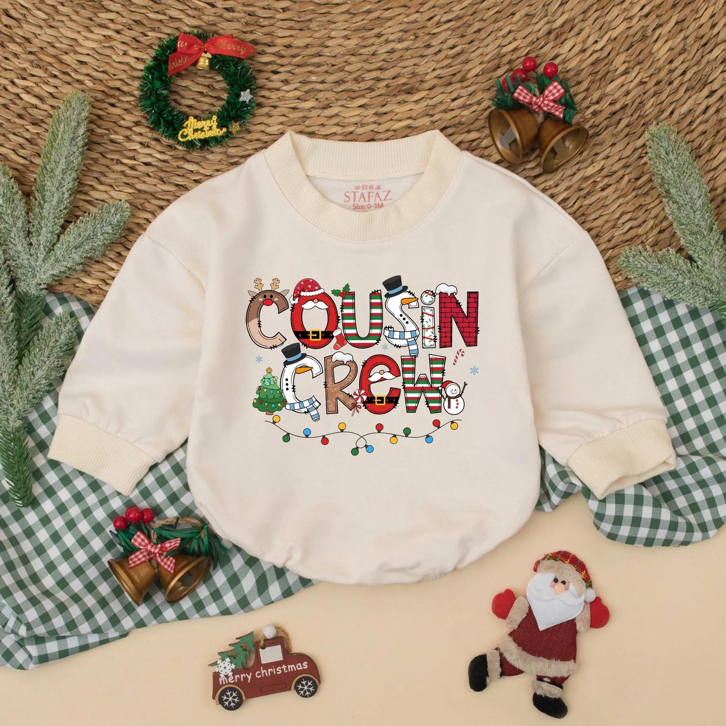 Christmas Cousin Crew Romper Sweatshirt, Matching Holiday Outfit for Baby, Toddler, Kids Xmas Party Clothes with Santa, Lights, Reindeer, Tree Design (139 chars)