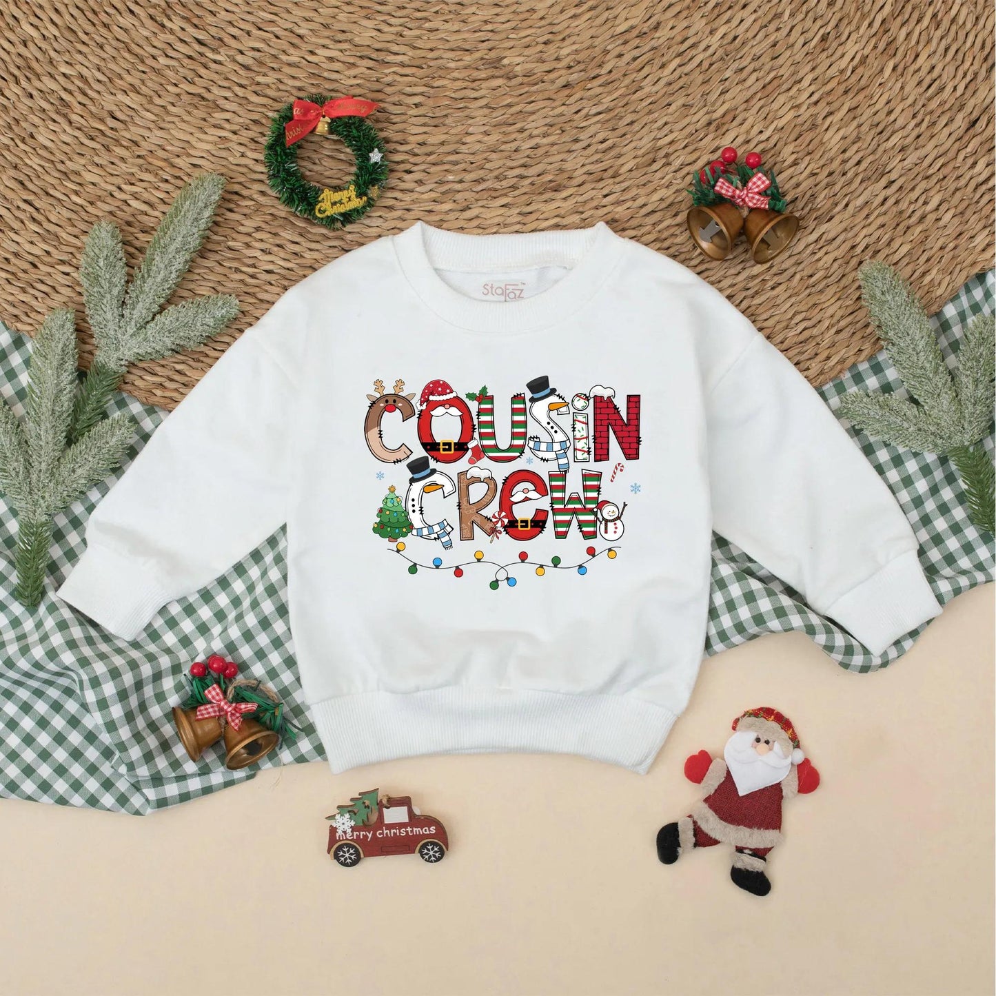 Christmas Cousin Crew Romper Sweatshirt, Matching Holiday Outfit for Baby, Toddler, Kids Xmas Party Clothes with Santa, Lights, Reindeer, Tree Design (139 chars)