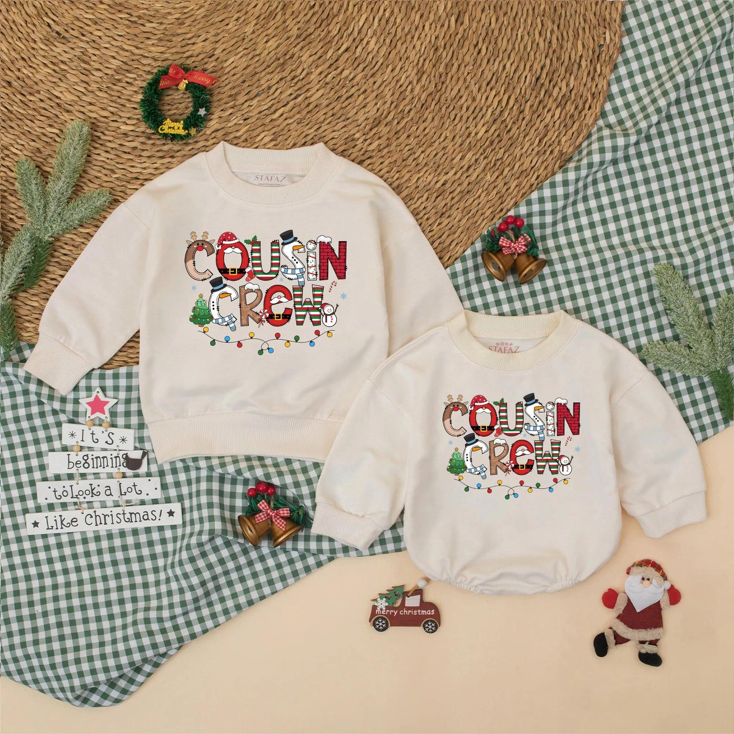 Christmas Cousin Crew Romper Sweatshirt, Matching Holiday Outfit for Baby, Toddler, Kids Xmas Party Clothes with Santa, Lights, Reindeer, Tree Design (139 chars)