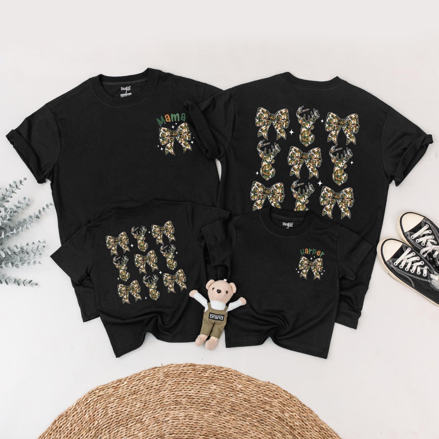 The Big One First Birthday Hunting Family Matching Camo Shirts for Mom Dad Baby Playful Deer Bow Silhouette Harper Design Rustic Celebration