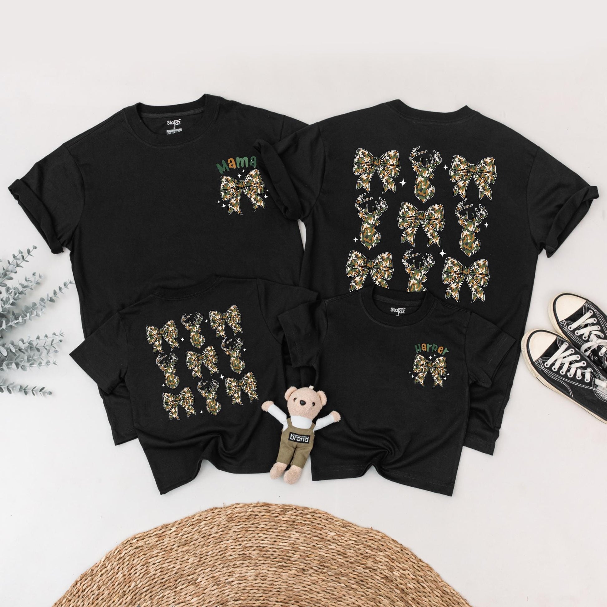 The Big One First Birthday Hunting Family Matching Camo Shirts for Mom Dad Baby Playful Deer Bow Silhouette Harper Design Rustic Celebration