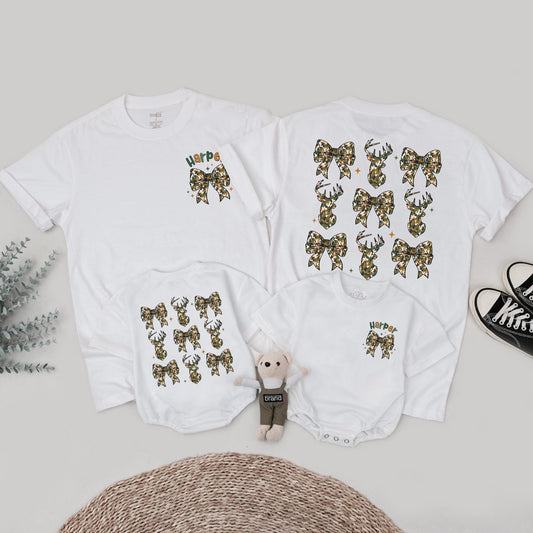 The Big One First Birthday Hunting Family Matching Camo Shirts for Mom Dad Baby Playful Deer Bow Silhouette Harper Design Rustic Celebration